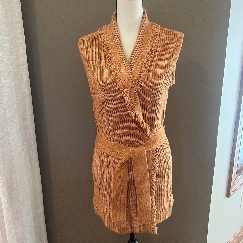Tahari Fringe Open-Front Long Vest Shawl Collar Sleeveless Cardigan, Size Medium